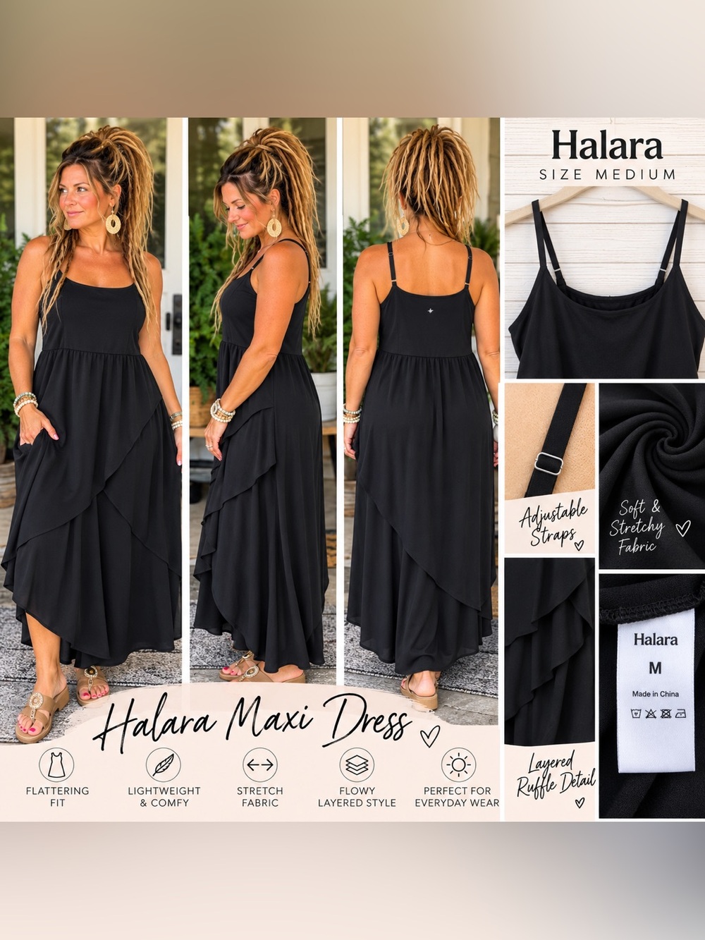 HALARA Black Layered Ruffle Maxi Dress for Women